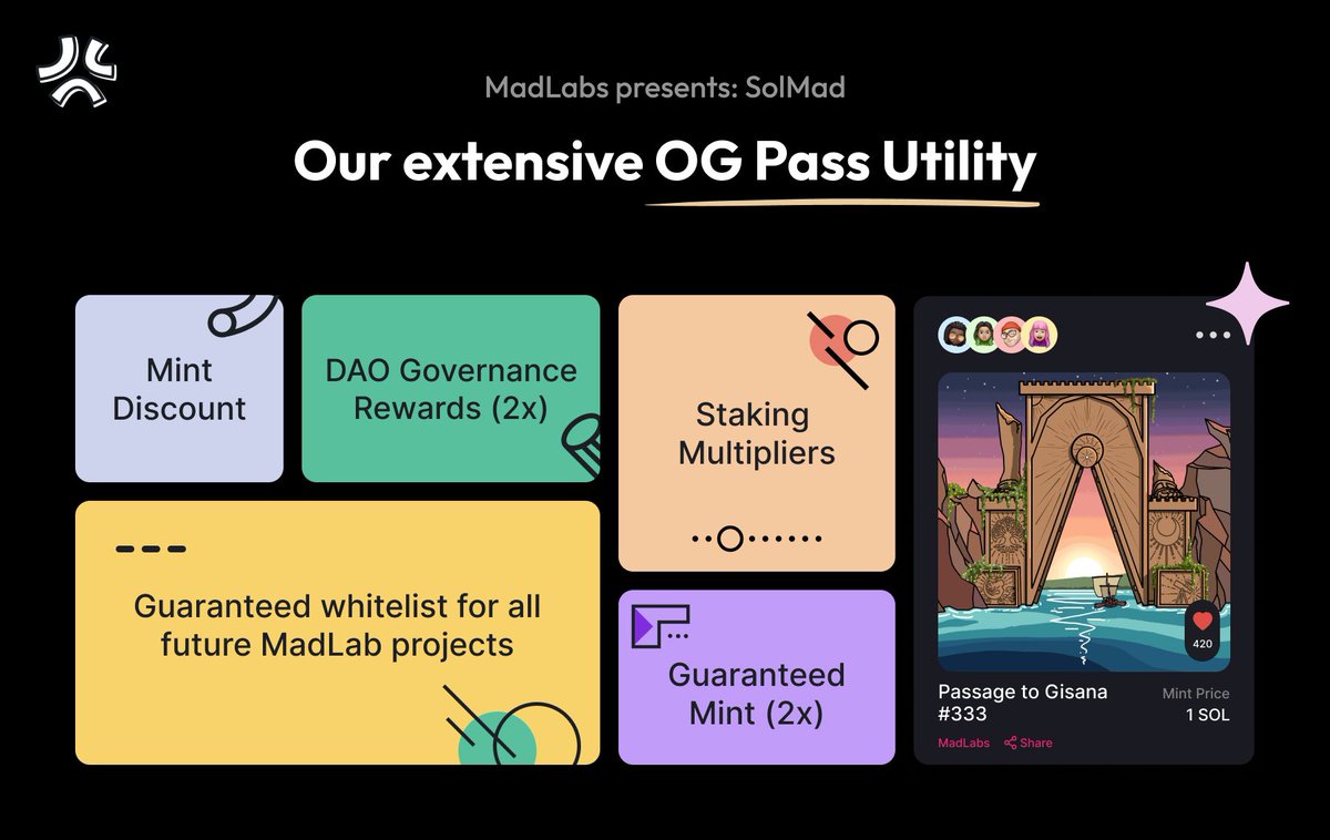 gm SolMads, ahead of our next announcement, we want to remind ya’ll that holding an OG Pass ensures you get staking multipliers on your SolMad NFTs. Find some on sale here: magiceden.io/marketplace/so…