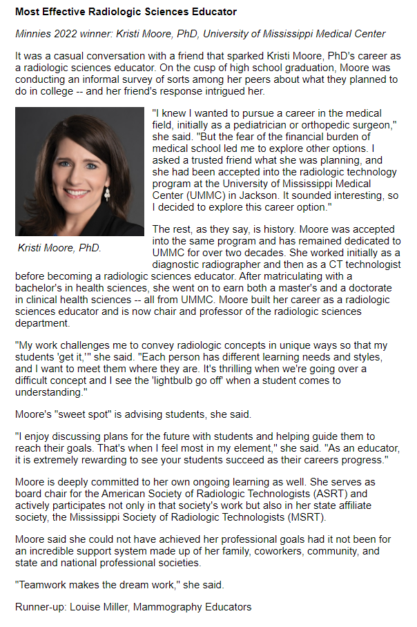 Delighted by @AuntMinnie’s recognition of my @UMMCnews colleague Dr. Kristi Moore as the nation’s Most Effective Radiological Sciences Educator. Another national gem hidden in plain sight here at the U! auntminnie.com/index.aspx?sec…