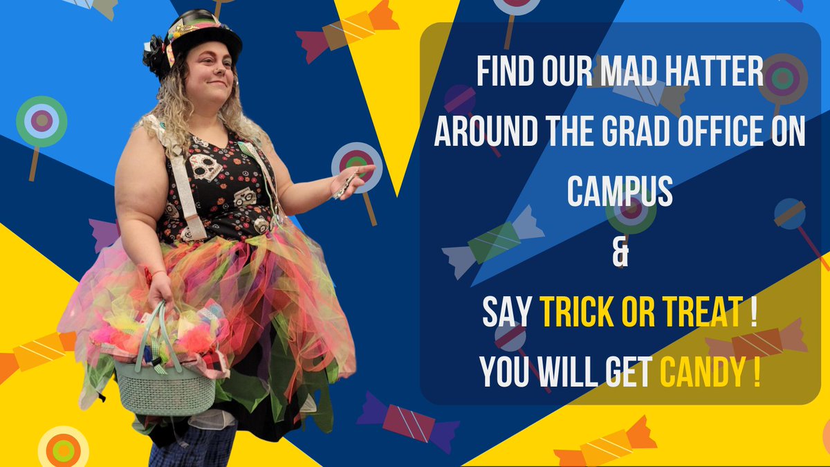 UofLGradStudies's tweet photo. Have you seen our mad hatter? If you spot her around or in the grad office and say trick or treat, she will give you candy!
#uleth #ulethgradstudents #ulethbridge #oncampus #halloweenatuleth #freecandy #halloweenoncampus @uLethbridge https://t.co/3xElAU5RqV