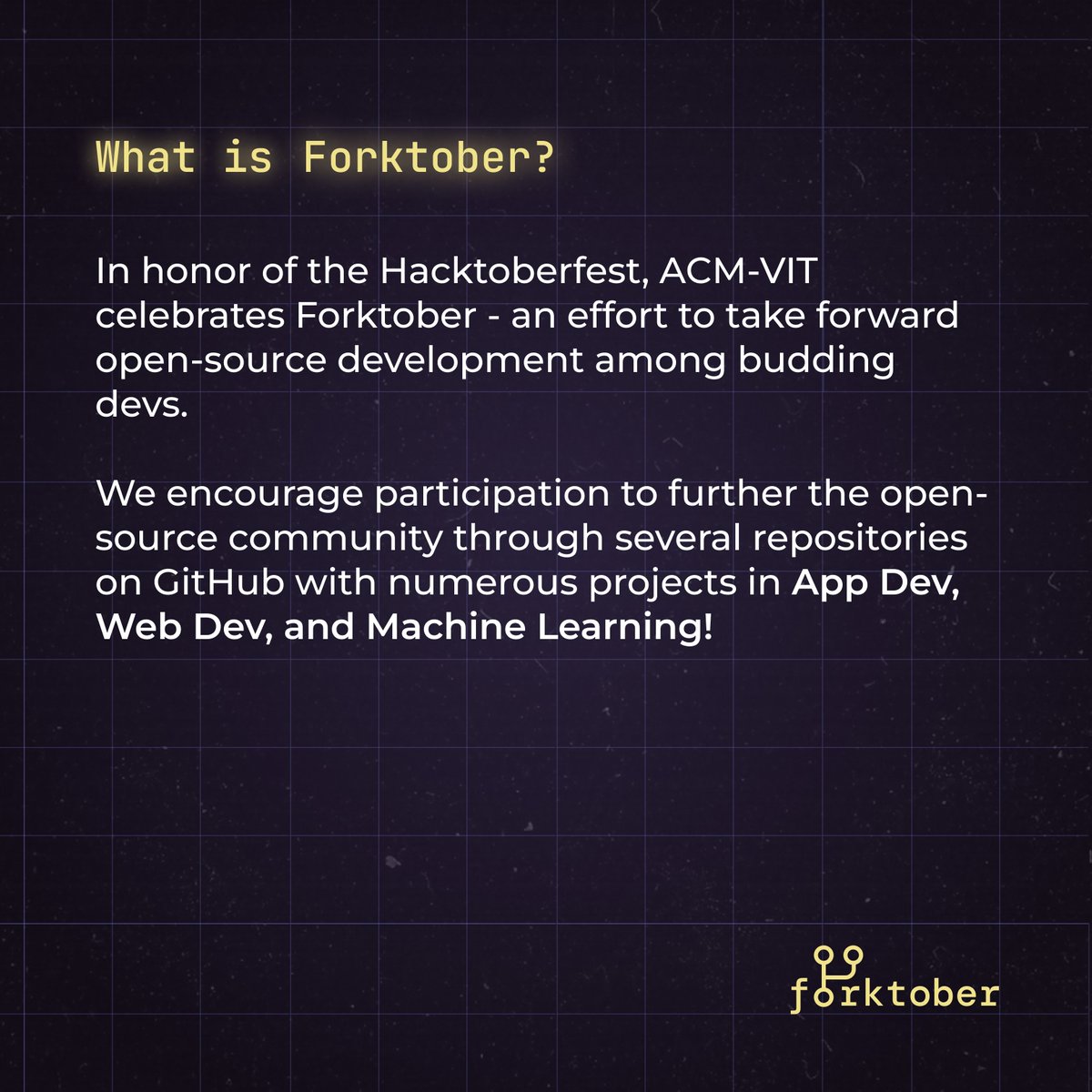 ACM_VIT's tweet image. Want to know what Hacktoberfest is? Don&apos;t worry, we&apos;ve got you covered! Delve into the festival with the right spirit of open source!

Contribute with ACM-VIT&apos;s Forktober!
🔗 with.acmvit.in/github (link in bio!)

#acm #vit #acmvit #hacktoberfest #forktober #opensource