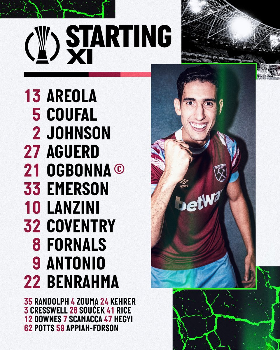 WestHam's tweet photo. Nayef Aguerd makes his competitive debut! ⚒️

Here's our line-up for tonight's #UECL match against Silkeborg IF 👇 https://t.co/x4i0ITvlVf