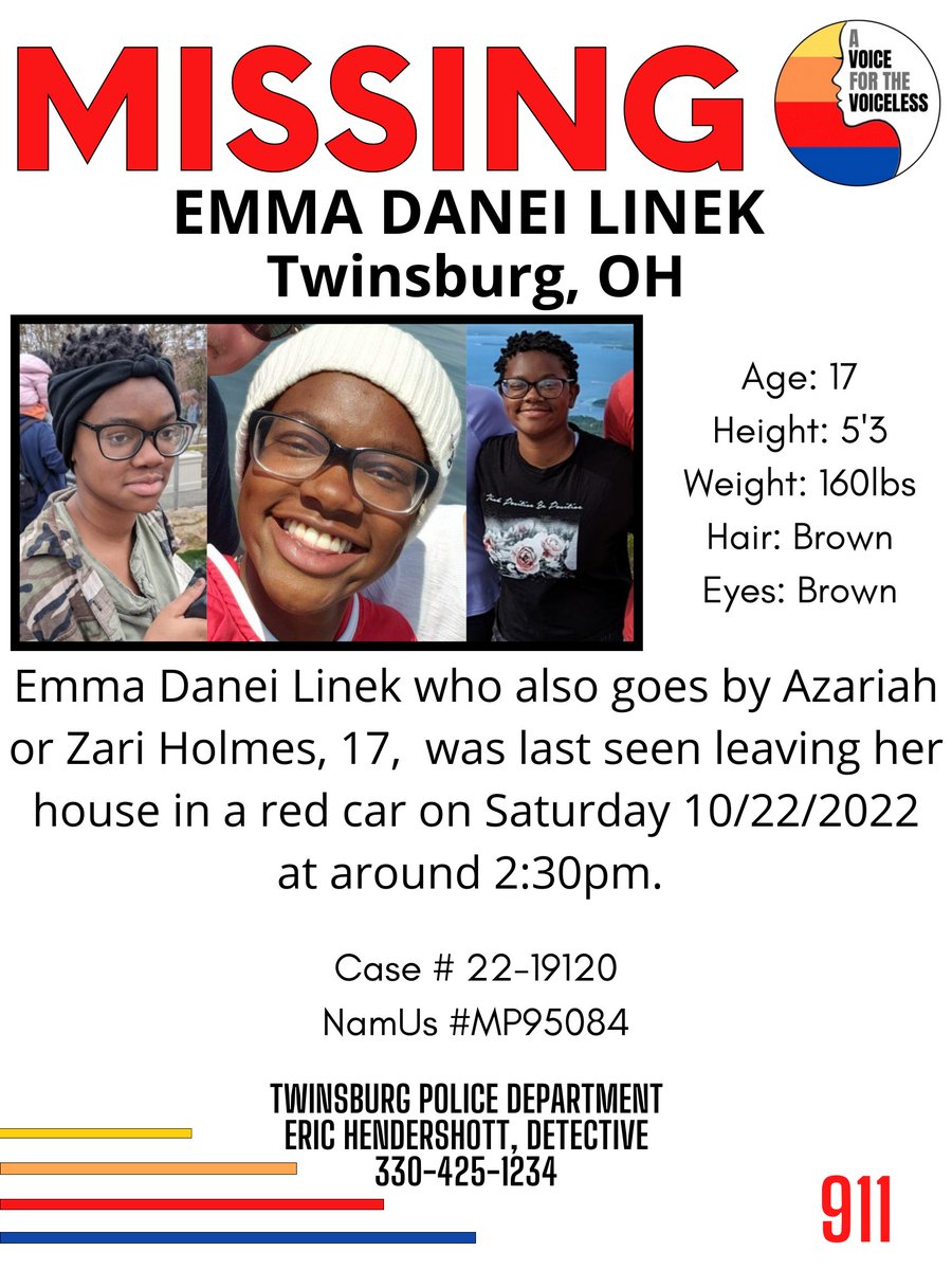 AwarenessTCS's tweet photo. #EmmaLinek who also goes by #ZariHolmes, 17, was last seen leaving her house in #Twinsburg #Ohio in a red car on Saturday 10/22/2022 at around 2:30pm. She had previously gone missing back in September.
Case # 22-19120
NamUs# MP95084
Twinsburg Police Department
330-425-1234 https://t.co/AYE1eY3ojE