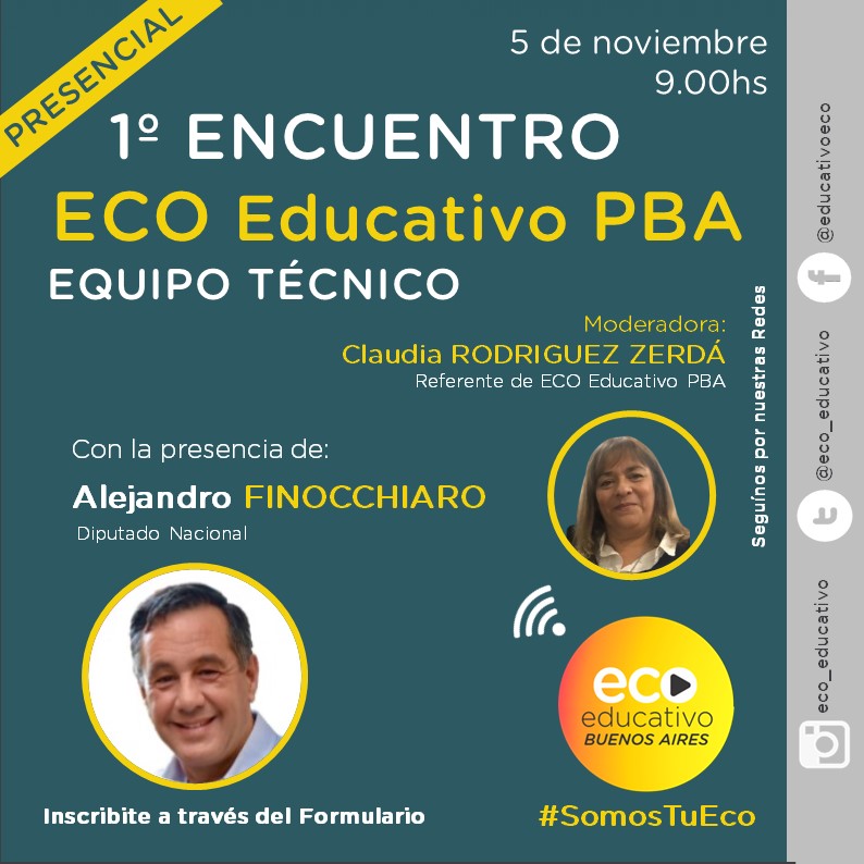 eco_educativo's tweet photo. #SomosTuEco El sábado 5/11 realizaremos el 1º ENCUENTRO DE Eco Educativo PBA con la presencia del Diputado Nacional Alejandro Finocchiaro y del Coordinador de Eco Educativo Leandro Goroyesky junto al equipo técnico PBA. INSCRIPCIÓN al encuentro presencial: https://t.co/pAUGe3eSNI https://t.co/2LLXoCm8E3