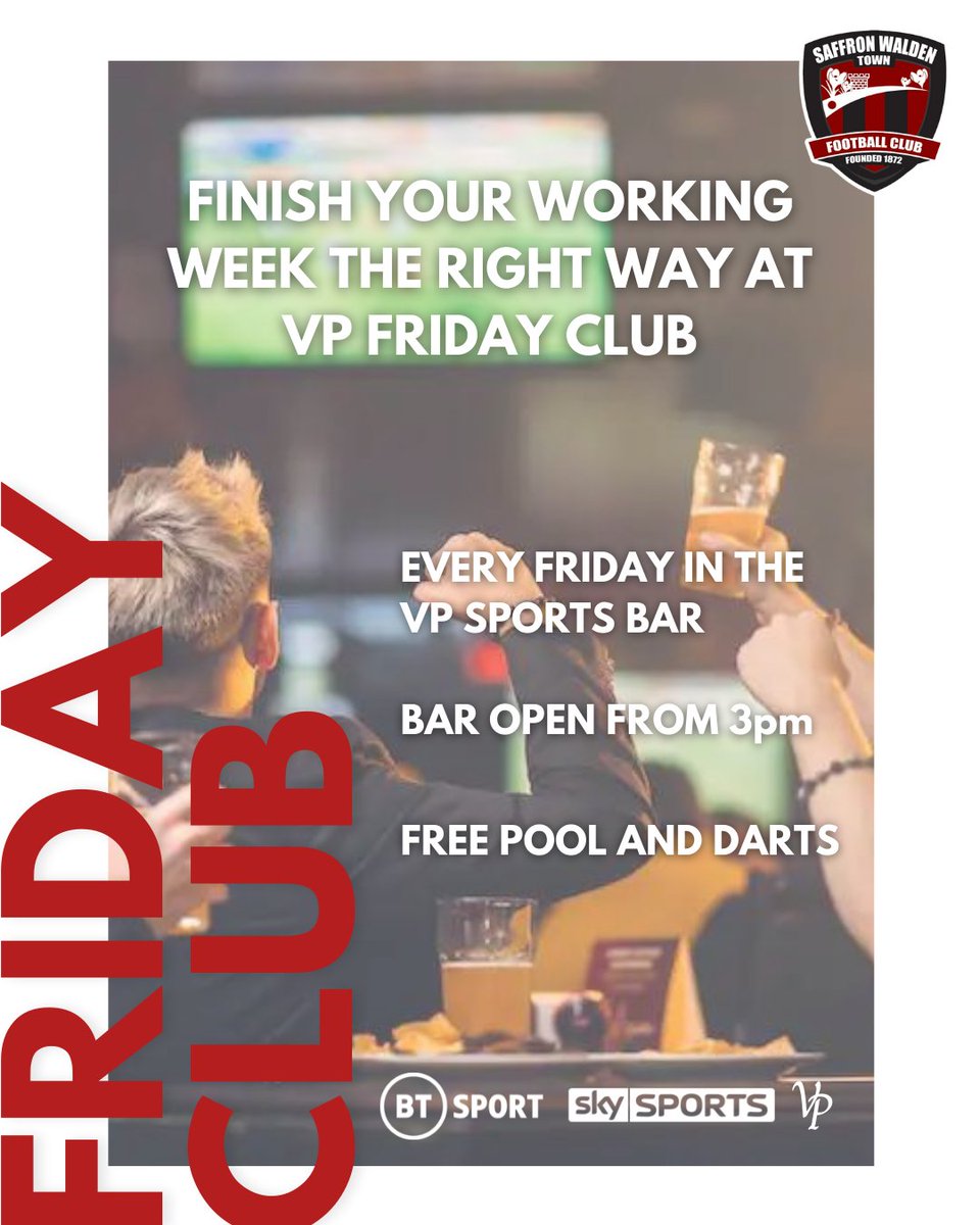 SWTFootballClub's tweet photo. FRIDAY CLUB - if you know, you know!🍻
Bar open from 3pm today, free pool and darts, everyone welcome♥️ #swtfc
#sportsbar #vipbar #localbar #localbusiness #supportlocal #saffronwaldenfootballclub #lovelocal #football #darts #friday #essexbusiness
📸 Unknown https://t.co/mMs5CMnqpj