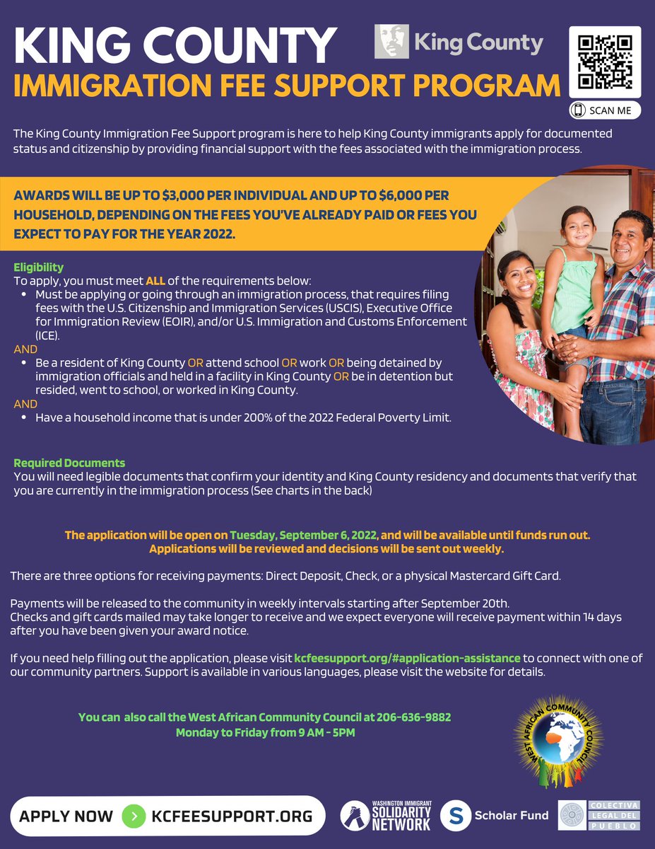 🚨 Applications are open now for the King County Immigration Fee Support Program! 🚨
The King County Immigration Fee Support program is here to help King County immigrants pay fees associated with the immigration process.