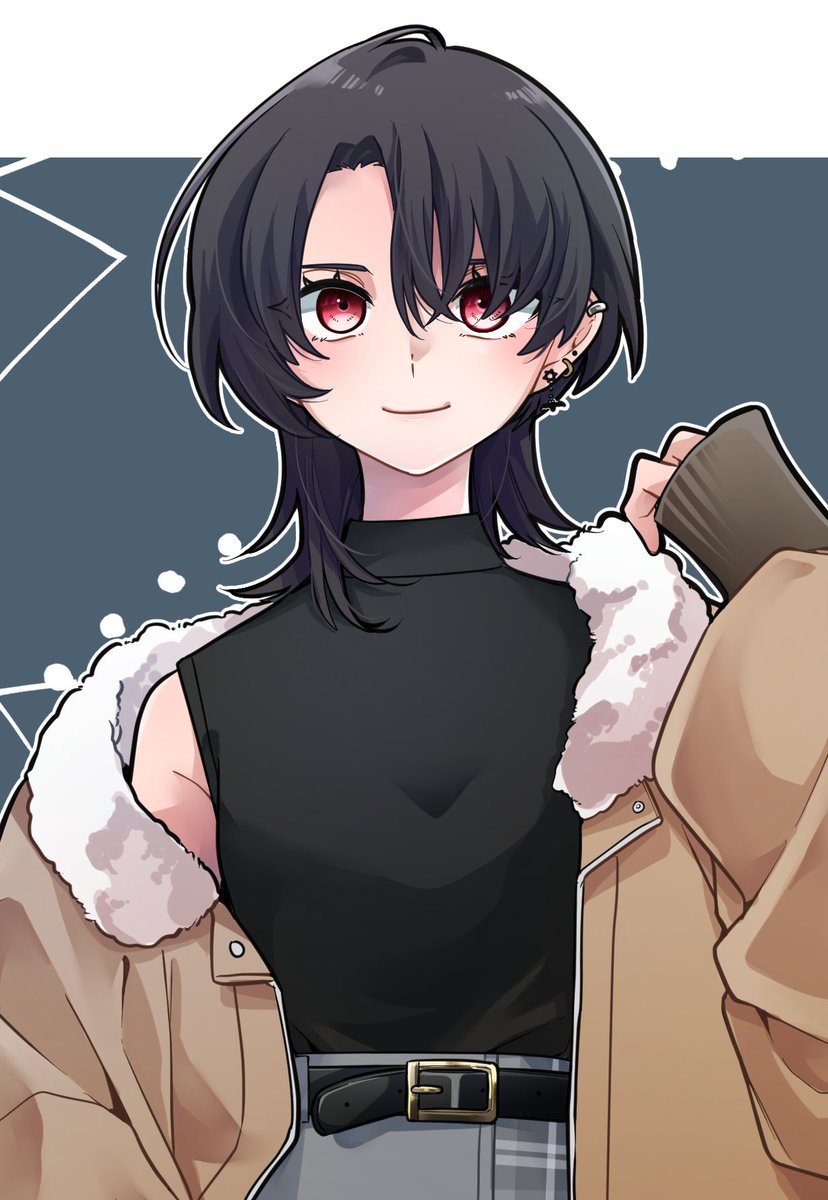 1girl black hair solo red eyes smile piercing belt  illustration images