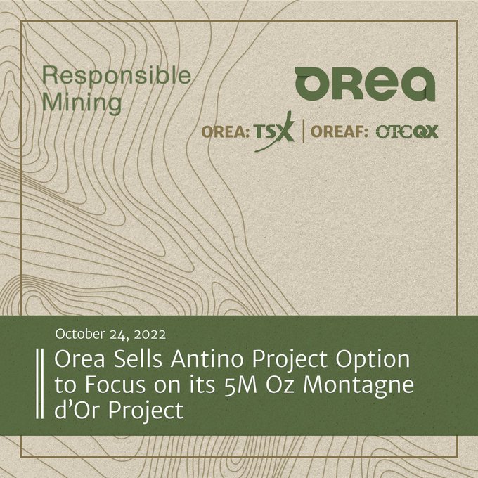 OreaMining's tweet photo. Orea monetizes the Antino Project option &amp; can now focus on its flagship 5M oz Montagne d’Or Gold Project in French Guiana for which it has entered an agreement to acquire the additional 55.01% for a total of 100%. Details: https://t.co/Nb0BjBzPP8 https://t.co/kh0Njpyzll