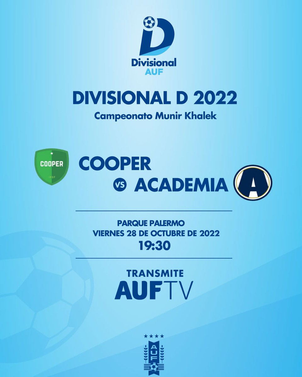 🤩 𝗩𝗶𝘃𝗶́ 𝗹𝗮 𝗟𝗶𝗴𝘂𝗶𝗹𝗹𝗮 𝗽𝗼𝗿 #𝗔𝗨𝗙𝗧𝗩 ⚽

Este viernes no te pierdas #Academia - <a href="/CooperCsyd/">CSyD Cooper</a> EN VIVO por la plataforma del fútbol uruguayo.

¡Seguí la previa desde las 19.15 h!

➡️ 3a fecha
🏟️ Parque Palermo
📺 AUF.TV

#DivisionalD