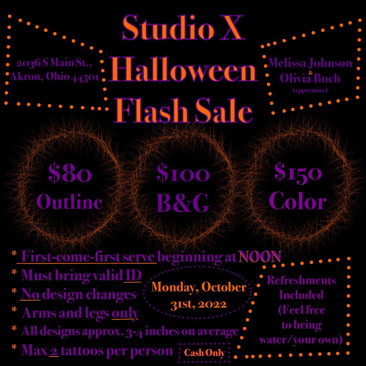 ojb121698's tweet photo. 💀Halloween Flash Event in Akron! 🎃
Don’t forget to dress up! If you’re tattooed by me in costume, you’ll be entered to win a free tattoo! 👻
Any questions feel free to reach out here or my IG: @_olive_tattoos_  
🖤 #halloween #halloweenflash #flashtattoo #flashsale #tattoo https://t.co/MKdlwO8d5R