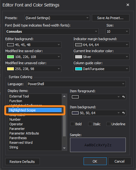 SAPIENTech's tweet image. In #PowerShellStudio you can set the color for Scope Highlighting:

👉 Options &amp;gt; Editor &amp;gt; Font and Color &amp;gt; Highlighted Scope
 
#SAPIENTech #PowerShell #pwsh #scripting #DidYouKnow #QuickTips