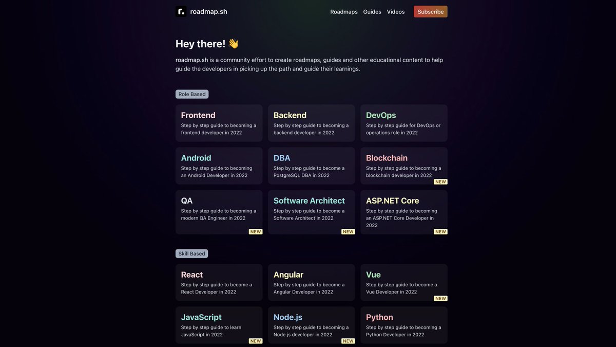 midudev's tweet image. Roadmap․sh te ayuda a aprender todas estas tecnologías paso a paso y desde cero sin perderte por el camino.

Son planes de estudio creados por la comunidad y totalmente gratuitos.

➡️ roadmap.sh