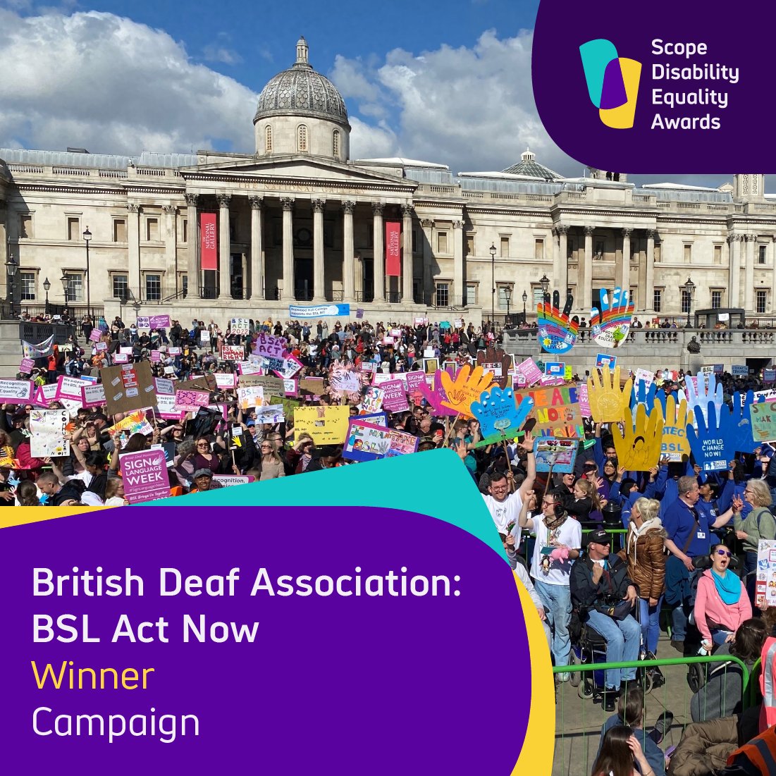 🏆 The winner of our Campaign award is the British Deaf Association, for their BSL Act Now campaign. British Sign Language (BSL) is now recognised in law in England, Scotland, and Wales. @BDA_Deaf’s campaign influenced this milestone. A truly well-deserved win!