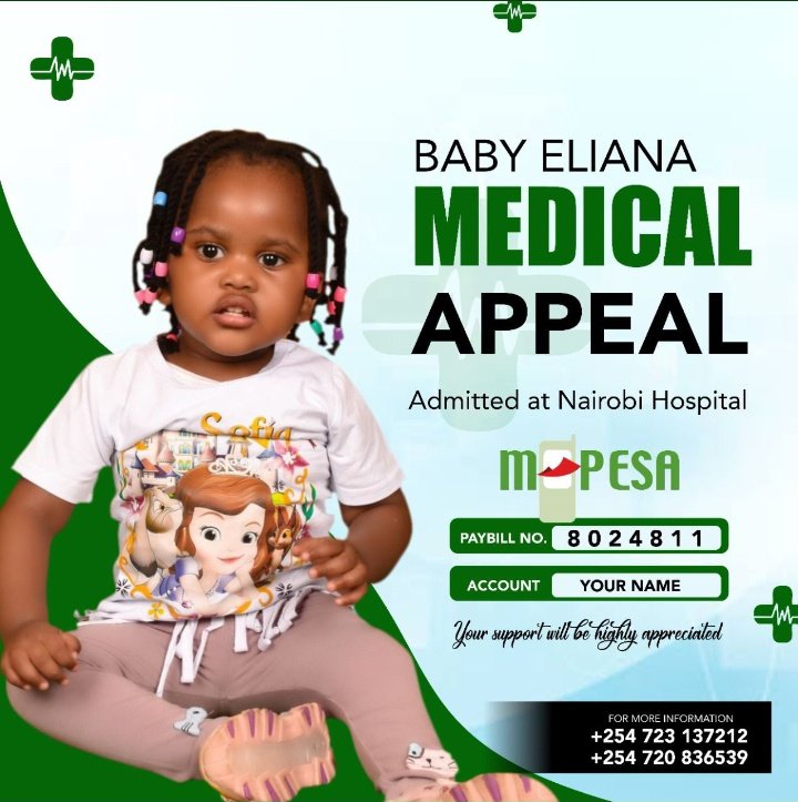 DEAR KOT: MEDICAL APPEAL FOR BABY ELIANA,she has been on & off the hospital for the past 2-years due to convulsions leading to her right side epileptic. Support @naomikibandi with any amount. Paybill No:8024811 Account:Your name