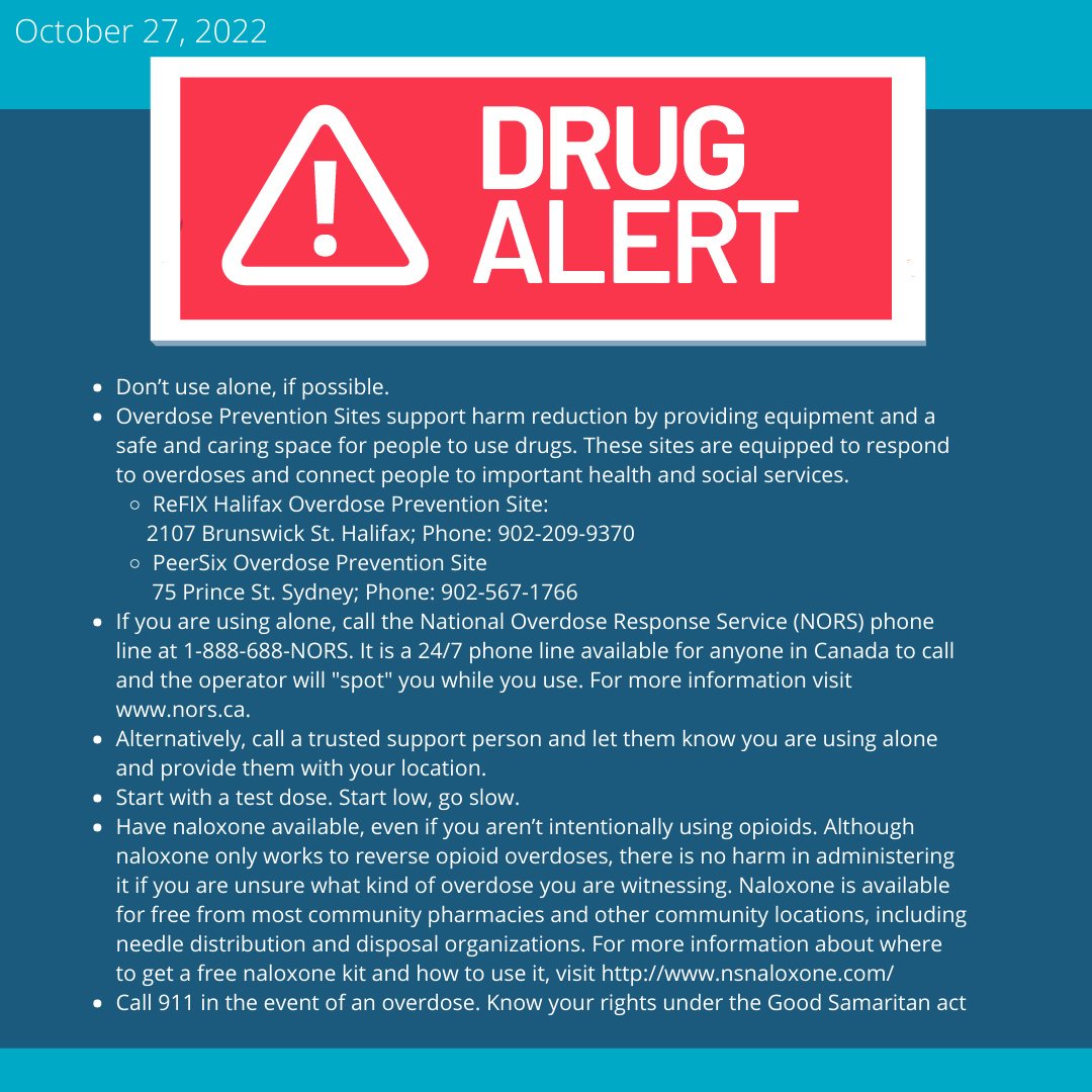 #DrugAlert for October 27, 2022: We have received a report from a community partner that a supply of cocaine used by two individuals also contained buprenorphine (an opioid) in the Dartmouth and Eastern Passage areas.

The report has been confirmed through laboratory testing.