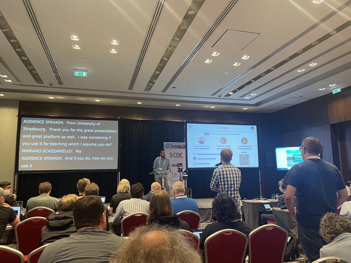 We are very honored to have presented Kathará in the #MAT session at #RIPE85 (<a href="/ripemeeting/">RIPE 92 - Edinburgh, Scotland</a>)! 

Here is a pic from the Mariano Scazzariello's presentation!

It was great to get a lot of feedback from the community! ❤️

Thanks to <a href="/ripencc/">RIPE NCC</a> for the great opportunity! 🚀