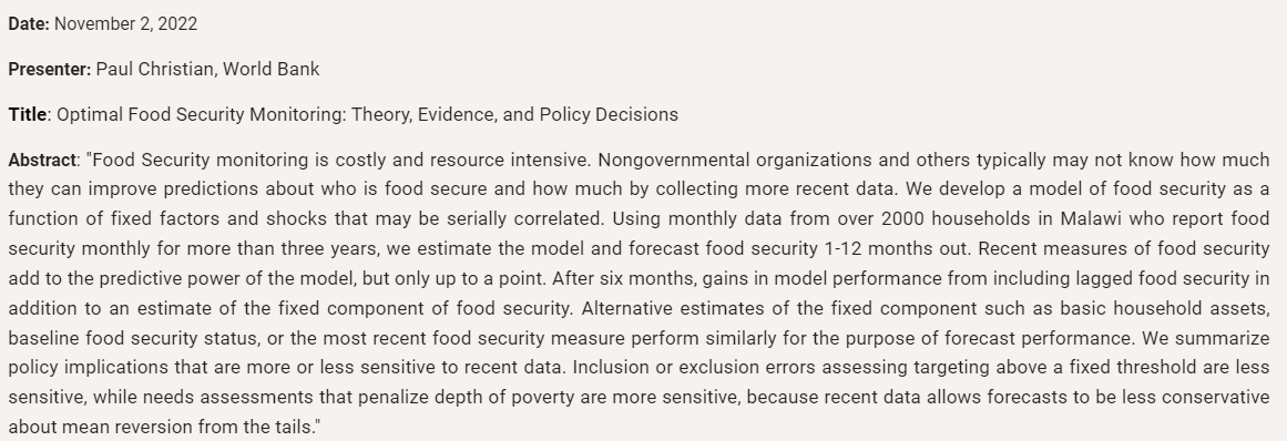 JeffBloem's tweet photo. Thank you to Wendong Zhang for presenting in the #OARES yesterday!

Join us next week, Wednesday, November 2, as we host @paulchristianWB who will be presenting on optimal food security monitoring with an application in Malawi.

More info: https://t.co/0HWlSIy2j1 https://t.co/BaCdLKC3qp