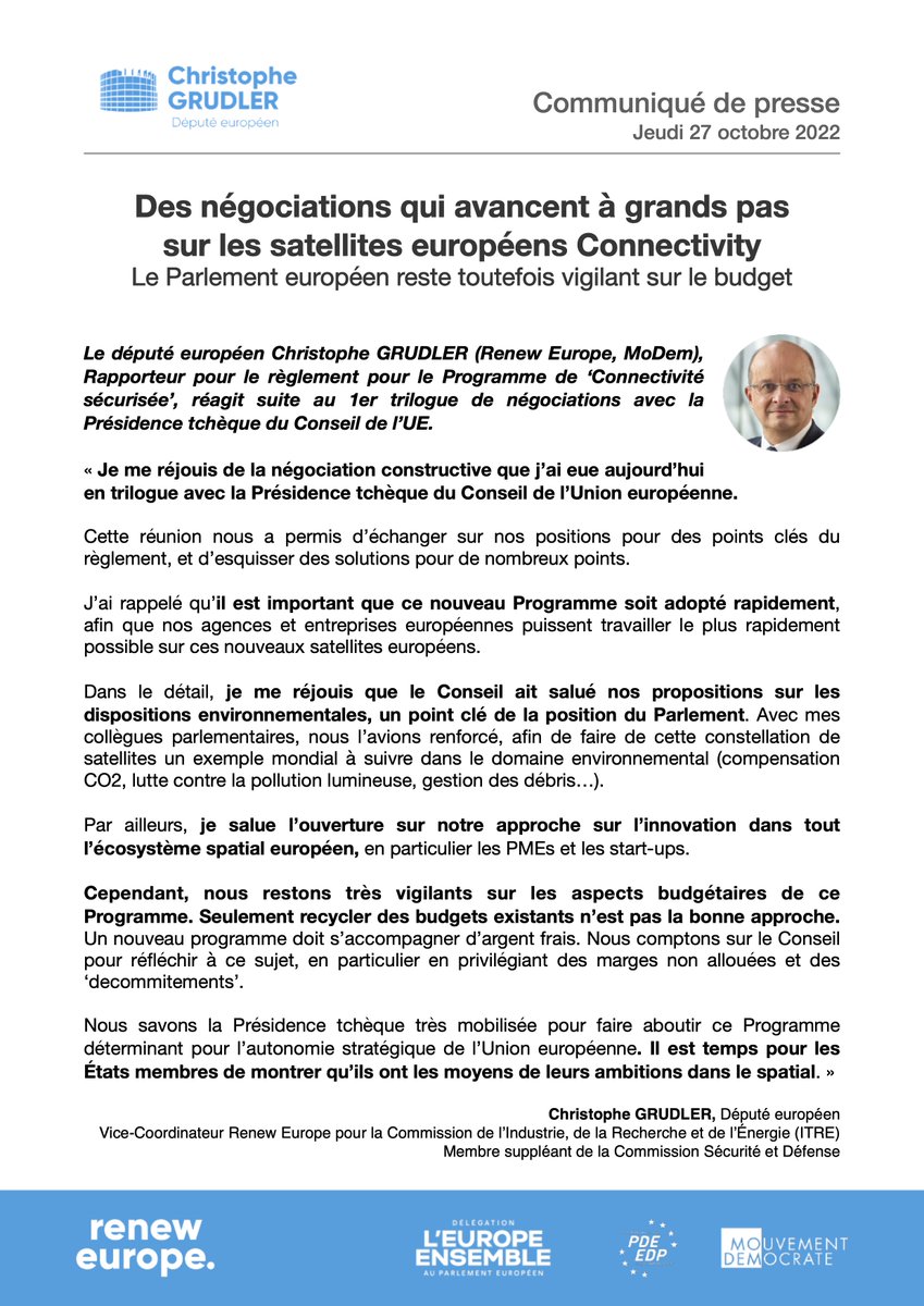 Mon communiqué de presse suite aux négociations en trilogue ⤵️

#SecureConnectivity #EUSpace 🛰️🇪🇺