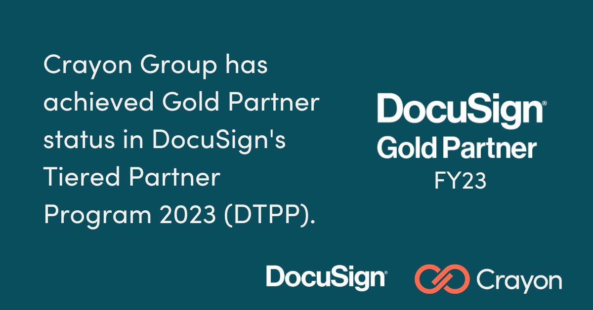 We are pleased to announce that Crayon Group has achieved Gold Partner status in <a href="/DocuSign/">Docusign</a>'s Tiered Partner Program 2023.
This new status is significant for the involvement of our teams in the Partnership with DocuSign! A big congratulations to the team that made this happen!
