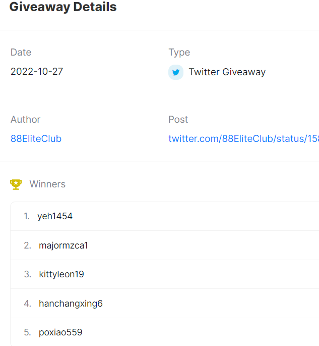 88EliteClub's tweet photo. @MachineNFTs Winner:@yeh1454 @majormzca1 @kittyleon19 @hanchangxing6 @poxiao559 https://t.co/xxxqjm8q9o