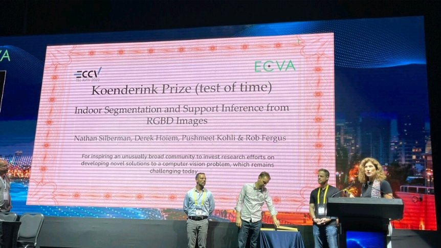 pushmeet's tweet photo. Honoured to receive the Koenderink test of time award at ECCV 2022 (with Nathan, Derek and Rob) for our work on using colour and depth images for scene understanding. Glad to see the progress that has been in computer vision in the last 10 years since this work was published. https://t.co/jlwTHB3a6X