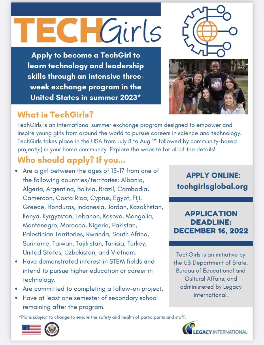 lau_gi's tweet photo. The 2023 #TechGirls application is now open! Apply today and join a community of young women changing the world of STEM: https://t.co/u9oqalCEVz #TechGirlsGlobal @TechGirls @ECAatState https://t.co/xm3GF7lBwc