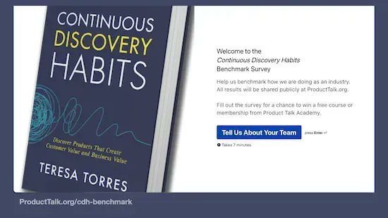Curious about how your team measures up when it comes to continuous discovery?
So are we. We are collecting data to provide a clear benchmark.

Help us out by telling us about your team’s discovery habits: bit.ly/3S0eDSQ

#CDHBenchmark #prodmgmt #ux #engineering