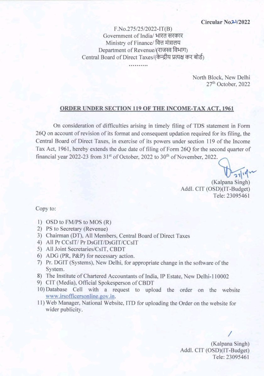 canirmaljain's tweet photo. Due date for filing TDS return for Q2 of FY 22-23 (only non Salary- 26Q) extended from 31/10 to 30th Nov. https://t.co/RACoTMI0zB