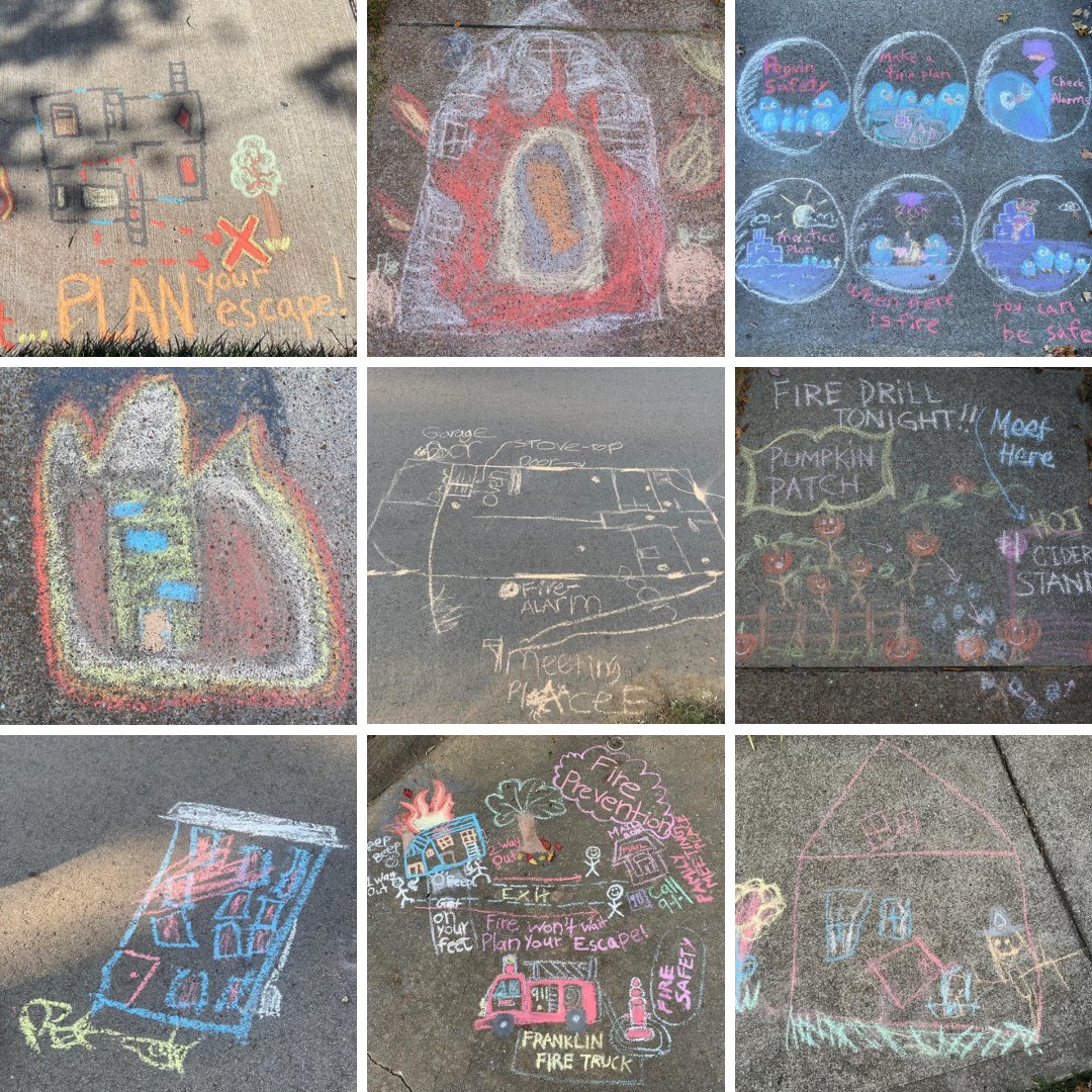 FranklinFire's tweet photo. We received 9 amazing entries in our #FirePreventionWeek Chalk Art Contest! Everyone who submitted a design will receive a gift card! Thanks to sponsor @atmosenergy and all the talented chalk artists who entered! Remember: “Fire won’t wait. Plan your escape!” https://t.co/ZItLV9Cy4b