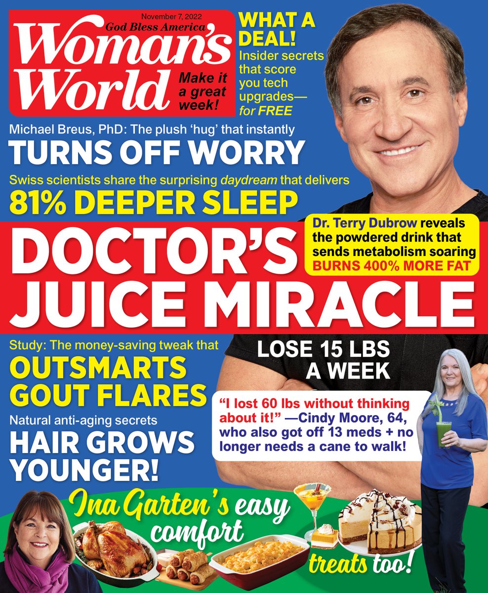WomansWorldUS's tweet photo. Check out our new issue—on sale now✨ Featuring @DrDubrow &amp; the powdered drink that boosts fat burn by 400%! Don't miss @inagarten's go-to dinner recipes and our tips to freedom from back pain! Find all your WW favs in this issue❤️ Get free home delivery!—>https://t.co/5HHelYkLNM https://t.co/3BVn0mLYKG