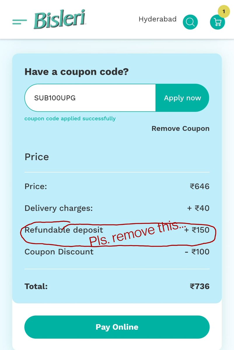 grievanceshyd's tweet photo. @BisleriZone The Bisleri App Error - Why adding refundable deposit Rs.150/- when customer already have empty cans available to return? Customer needs 'monthly subscription' month with no refundable deposit(Rs.150/-). Ecomm Supply Chain Head Axxapxa couldn't resolve the issue. https://t.co/wzf7QLryLO
