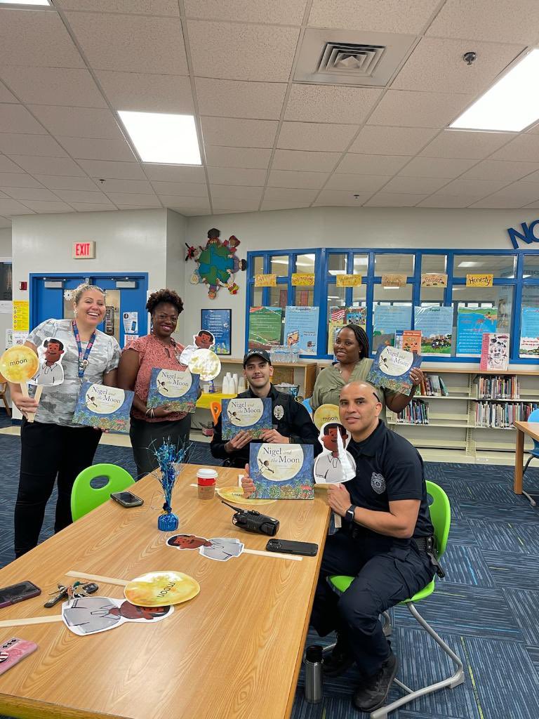 mtssbcps's tweet photo. Let’s go to the moon with Nigel! 🚀 🌝 💫 
Great collab illustrating the importance of literacy! MTSS IF Rowena Thomas, School Psychologist, Social Worker, and Resource Officers taking the children on a journey!@PETigers author @antwan_eady @Jumpstartkids #readfortherecord https://t.co/l9QtpRuuGs