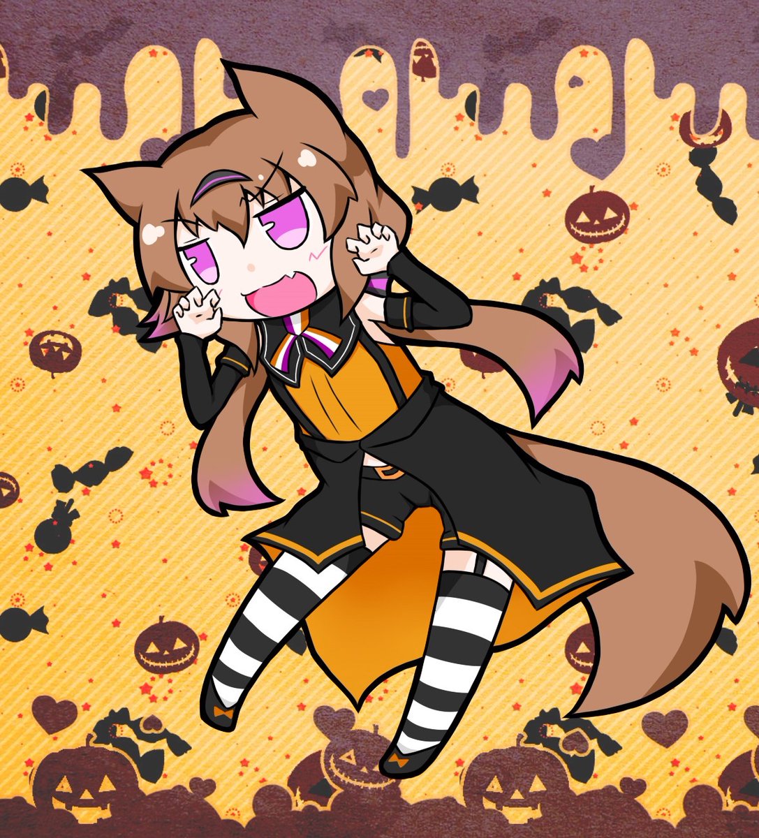 1girl animal ears solo brown hair tail claw pose halloween  illustration images