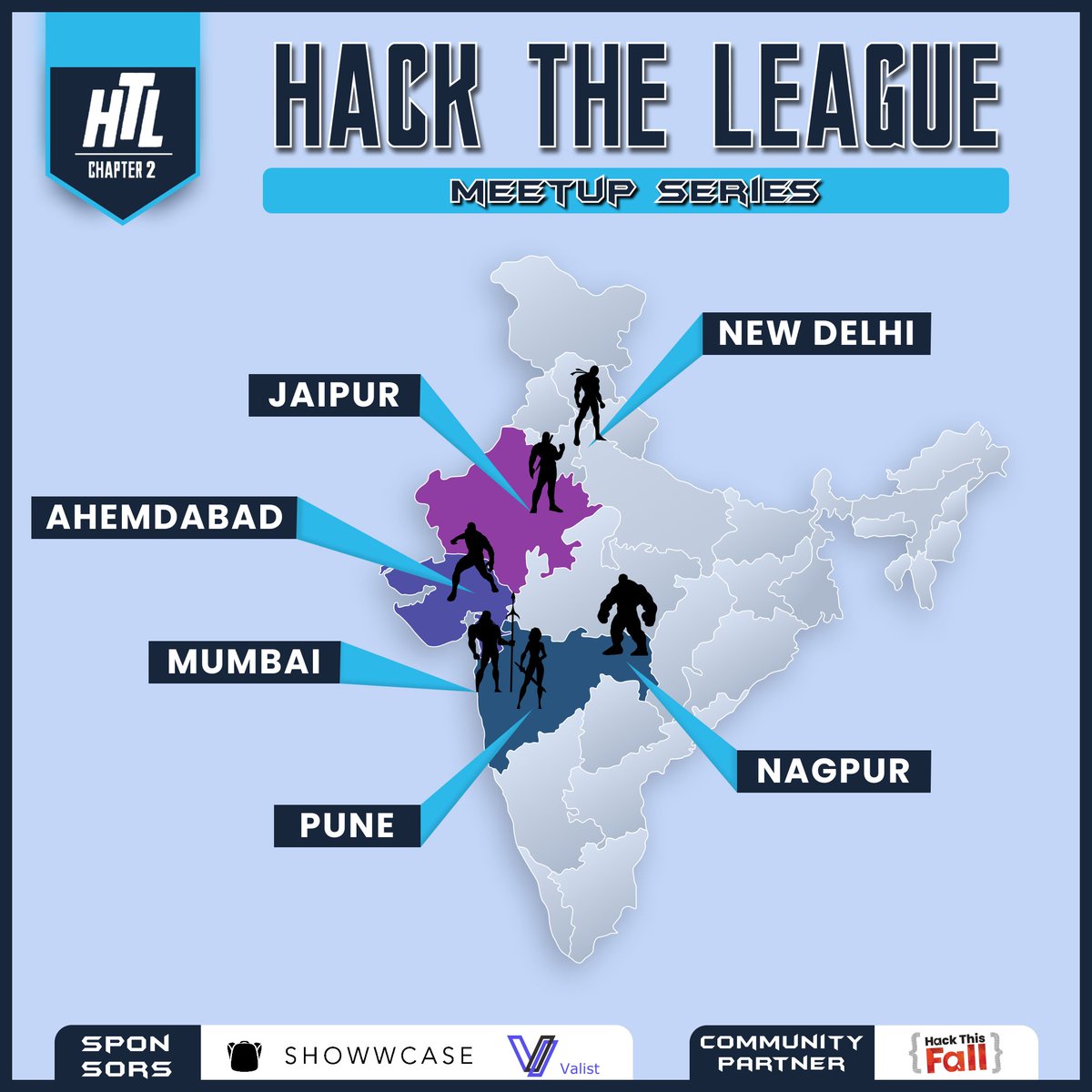 "They say never meet your heroes in-person but we beg to differ"

Hack The League will be organizing Super-Community Meet-ups in 6 Cities of India, Time to meet the League and show your passion to build &amp;... Swags🛍️+ 🍕🥤.

Follow for Each City Timeline &amp; Venue Announcements!!!👀
