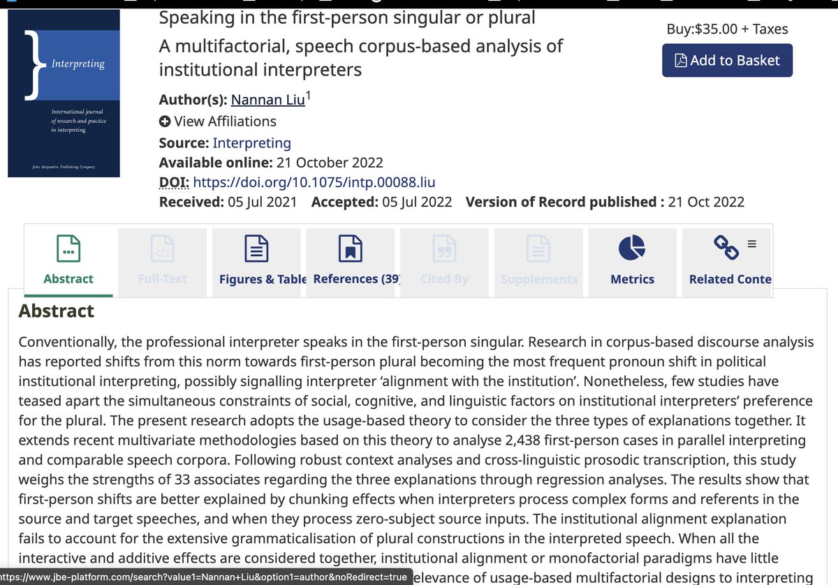 Interpreting / Journal of Interpreting Studies (@interpretingj) on Twitter photo New <a href="/InterpretingJ/">Interpreting / Journal of Interpreting Studies</a>
"Speaking in the first-person singular or plural: A multifactorial, speech corpus-based analysis of institutional interpreters"
by Nannan Liu
doi.org/10.1075/intp.0…
#1nt #TranslationStudies #CorpusStudy
@johnbenjamins <a href="/liu_notanumber/">Nannan Liu</a> New <a href="/InterpretingJ/">Interpreting / Journal of Interpreting Studies</a>
"Speaking in the first-person singular or plural: A multifactorial, speech corpus-based analysis of institutional interpreters"
by Nannan Liu
doi.org/10.1075/intp.0…
#1nt #TranslationStudies #CorpusStudy
@johnbenjamins <a href="/liu_notanumber/">Nannan Liu</a>