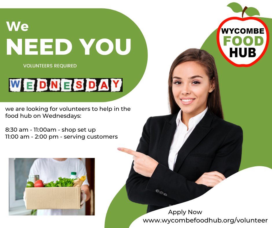Can you spare a few hours per week to help out in the community?
We urgently need more volunteers in the hub, especially on Wednesdays and Fridays.
Apply online at wycombefoodhub.org/volunteer
Thank you