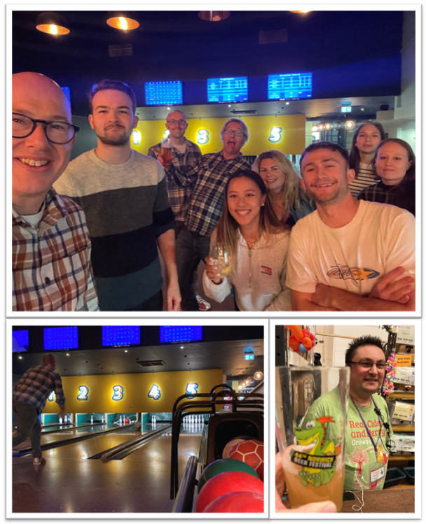 rj_ltd's tweet photo. A fantastic night out for our Norwich office. Our younger members arranged a brill night at @thebowlinghouse &amp; a few of us went on to @NorwichBeerFest  too. Not only were there beer &amp; cider delights we also saw our very own Duncan Palmer volunteering as cider bar deputy manager! https://t.co/SlS5wRO8kk