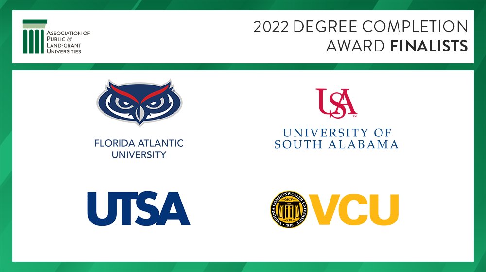 APLU (@aplu_news) on Twitter photo APLU has named <a href="/FloridaAtlantic/">Florida Atlantic University</a>, <a href="/UofSouthAlabama/">University of South Alabama</a>, <a href="/UTSA/">UTSA</a>, & <a href="/VCU/">VCU</a> as finalists for the 2022 Degree Completion Award, which recognizes & rewards institutions that employ innovative approaches to improve degree completion while ensuring educational quality. aplu.org/news-and-media… APLU has named <a href="/FloridaAtlantic/">Florida Atlantic University</a>, <a href="/UofSouthAlabama/">University of South Alabama</a>, <a href="/UTSA/">UTSA</a>, & <a href="/VCU/">VCU</a> as finalists for the 2022 Degree Completion Award, which recognizes & rewards institutions that employ innovative approaches to improve degree completion while ensuring educational quality. aplu.org/news-and-media…