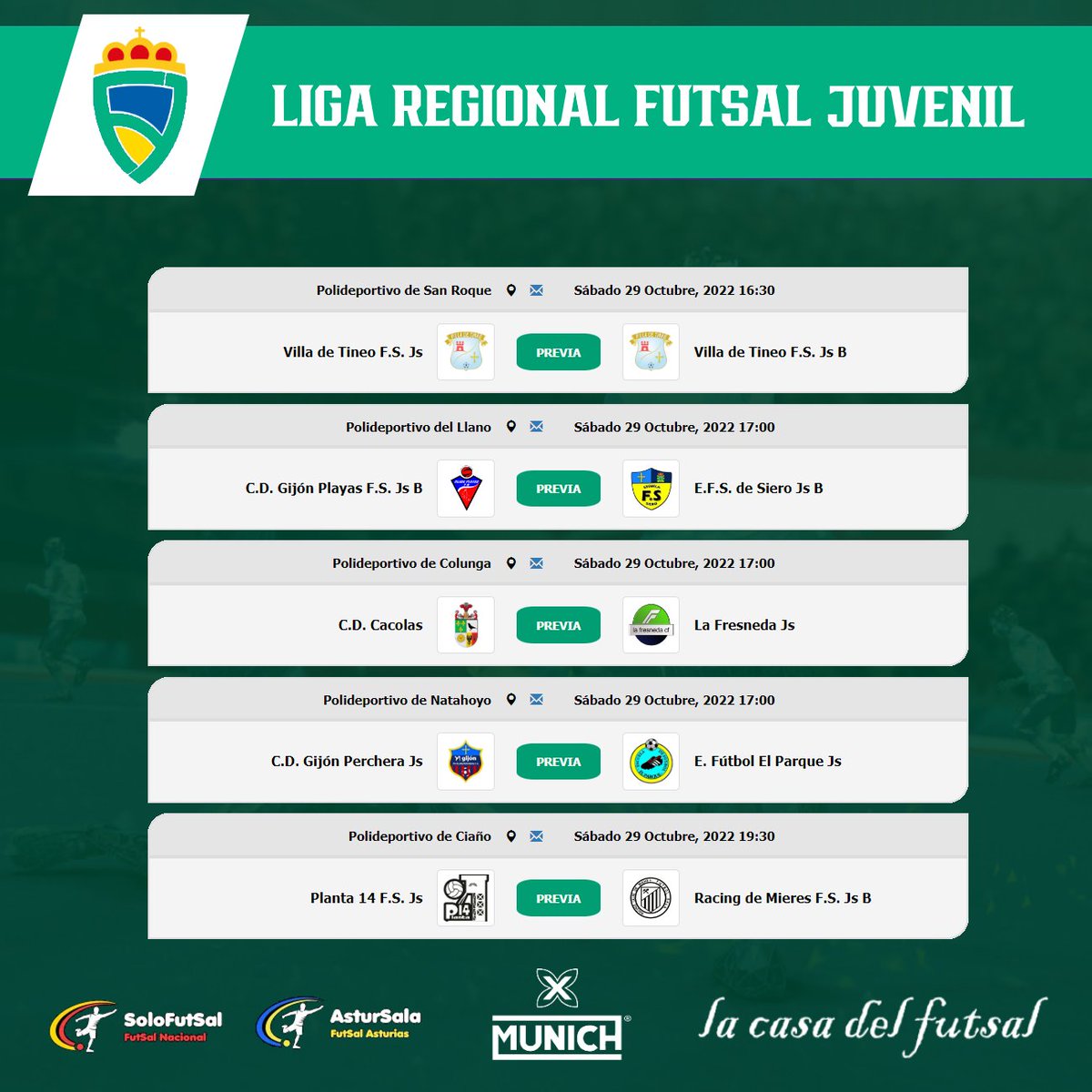 astursala's tweet photo. 🟢 LIGA REGIONAL ASTURIAS  JUVENIL 
📆 2ª JORNADA /⏰ HORARIOS

📎https://t.co/rs8hMQ02B6

🔀 @percherafs @gijonplayasfs @racingmieresFS @villadetineofs @lafresnedacf @Dep_Laviana_FS @efs_siero #cdcacolas @Planta_14 #ElParque @laesperanzacf 

📎https://t.co/rs8hMQ02B6 https://t.co/QQlWjk4L83