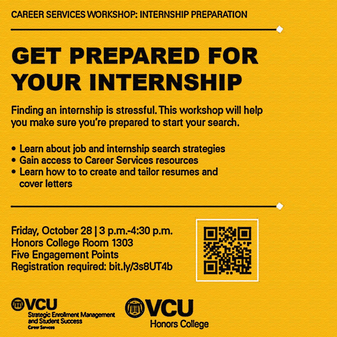 VCU Honors College (@vcuhonors) on Twitter photo Tomorrow with <a href="/VCUCareers/">VCU Career Services</a>! Come and learn how to get best prepared for your internship search!
Register➡️ bit.ly/3s8UT4b Tomorrow with <a href="/VCUCareers/">VCU Career Services</a>! Come and learn how to get best prepared for your internship search!
Register➡️ bit.ly/3s8UT4b