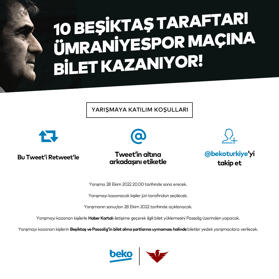 II. Şenol Güneş dönemi Ümraniyespor maçıyla başlıyor. 🦅 

10 taraftarımız Beşiktaş - Ümraniyespor maçına bilet kazanıyor!

▪️ Bu Tweet'i Retweet'le,
▪️ Tweet'in altına arkadaşını etiketle,
▪️ #EfsaneSponsor <a href="/bekoturkiye/">Beko Türkiye</a>'yi takip et!
