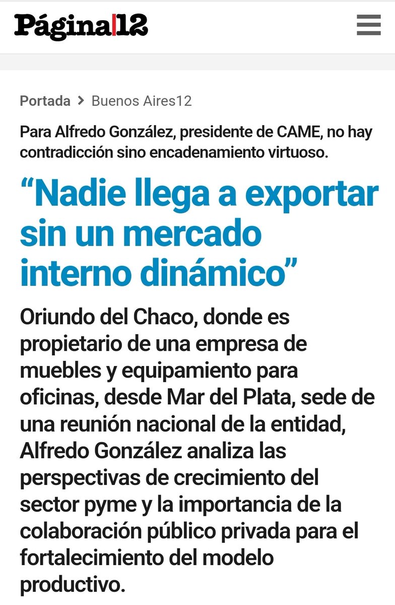📰 En diálogo con <a href="/pagina12/">Página|12</a>, el presidente <a href="/AlfredoGZChaco/">Alfredo González</a> sostuvo: "#CAME es una organización apartidaria pero hacemos política. Hablamos con todos, pero tenemos claros nuestros objetivos; siempre estuvimos, estamos y estaremos del lado de la defensa de los que producen".