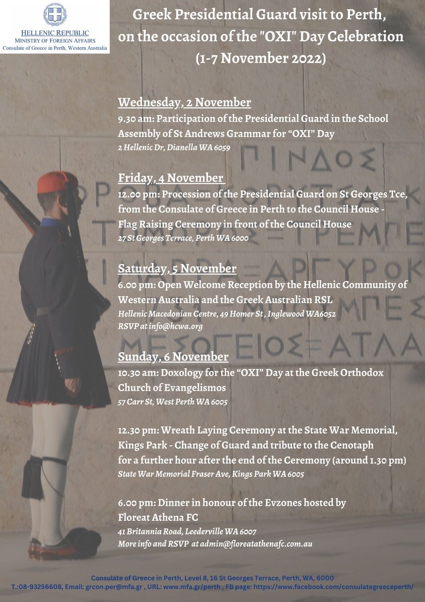 The Evzones are coming to Perth for the first time next week, to celebrate Greek National "OXI" Day with us!
There will be plenty of opportunities to see them, don't miss it!

<a href="/GreeceMFA/">Υπουργείο Εξωτερικών</a> <a href="/Greeks_Abroad/">Γ.Γ.Α.Ε.</a>
