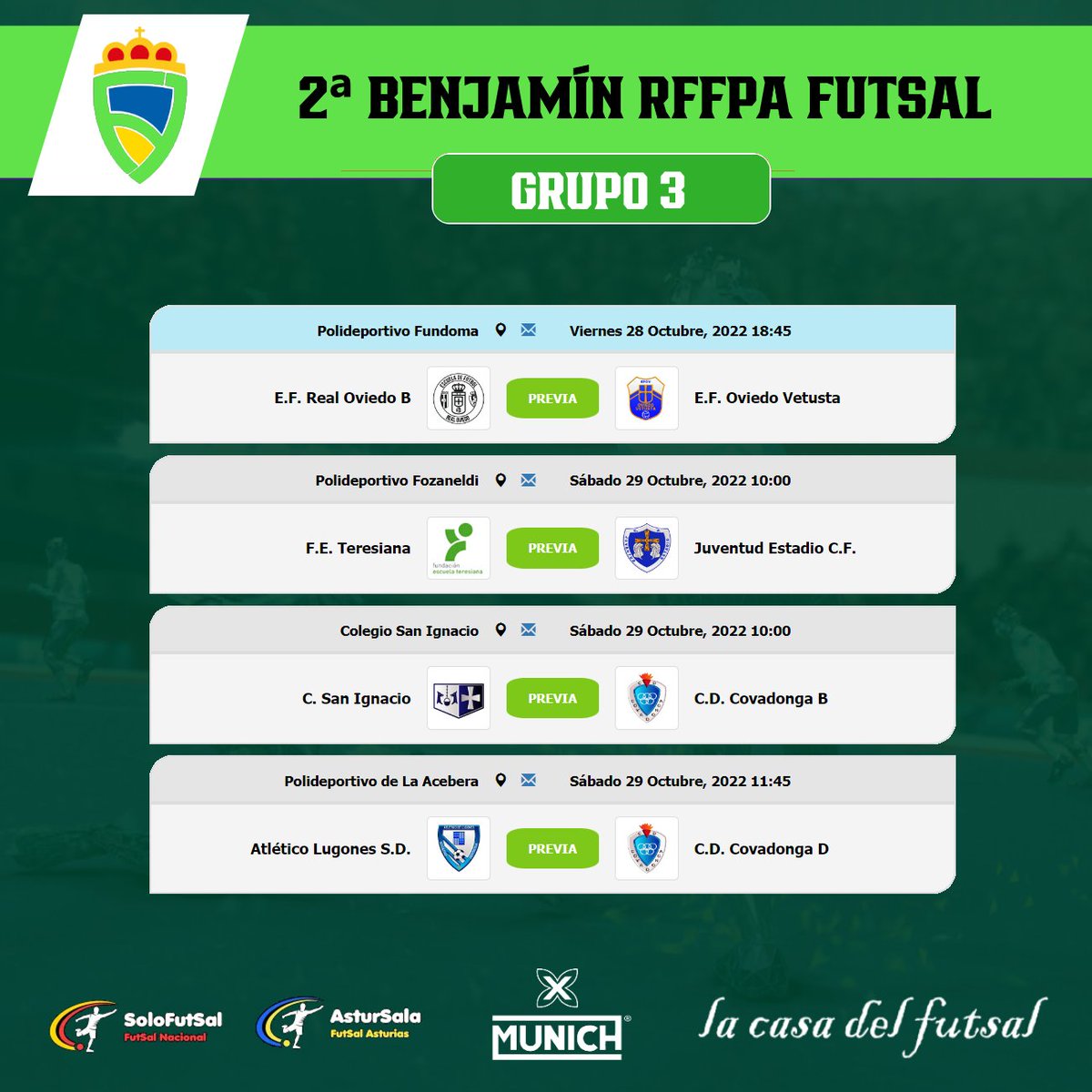 astursala's tweet photo. 🟩2⃣ BENJAMÍN RFFPA FUTSAL
🏆 GRUPO 3⃣y4⃣ / 📆 6ª JORNADA / ⏰ HORARIOS

📎https://t.co/45qnnUd1Us
📎https://t.co/mAyPVkDAGF

#FutSal | #AstsurSala | https://t.co/qBVlyFvWJJ