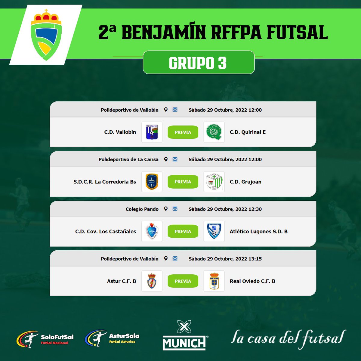 astursala's tweet photo. 🟩2⃣ BENJAMÍN RFFPA FUTSAL
🏆 GRUPO 3⃣y4⃣ / 📆 6ª JORNADA / ⏰ HORARIOS

📎https://t.co/45qnnUd1Us
📎https://t.co/mAyPVkDAGF

#FutSal | #AstsurSala | https://t.co/qBVlyFvWJJ