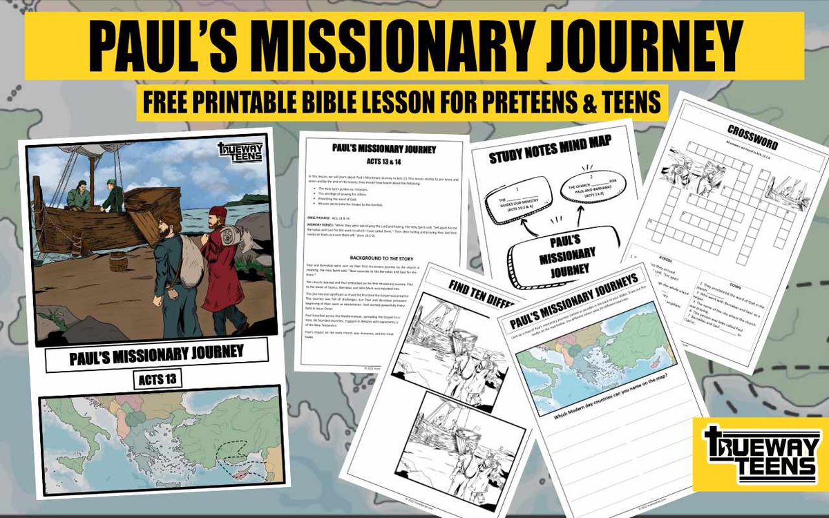 TruewayKids's tweet photo. Looking for a printable Bible study for teens on Paul's first Missionary Journey in Acts 13? This free printable lesson includes a study guide, worksheets, games, and coloring pages. Perfect for use at home or in church. https://t.co/gVEjVI4WZ3 https://t.co/T3MaCmcCWD