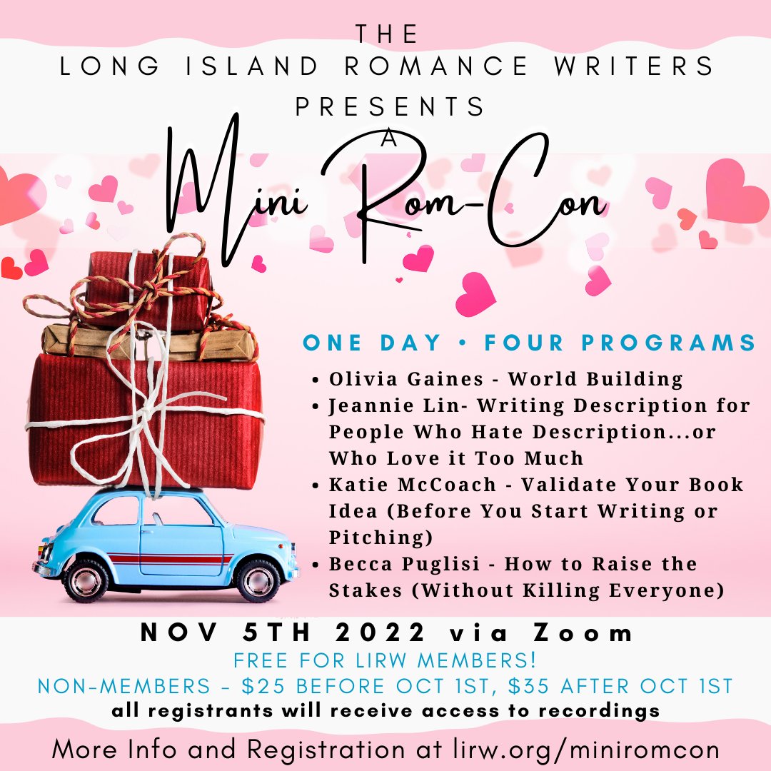 LIRomWriters's tweet photo. Just over a week away! 4 programs for $35 with recordings! LIRW Mini Rom-Con Nov 5th! Register @ https://t.co/I2XPyr8RUc
#worldbuilding #characterdevelopment #plotting #amwritingromance #amwriting #amediting #writingconference #romancewriters #romancelandia https://t.co/NOWkhnBFl7