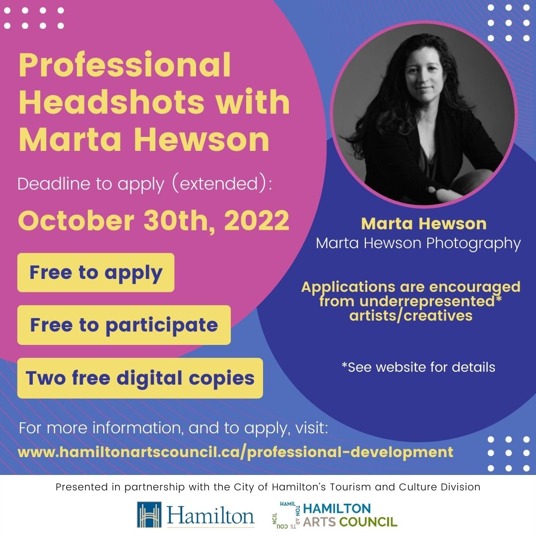 🚨Deadline Extended to October 30th

📸 We have partnered with #HamOnt photographer Marta Hewson to offer artists/creatives professional headshots on Tuesday, November 22 ⬅️

Info &amp; apply ⬇️
hamiltonartscouncil.ca/professional-d…

#professionaldevelopment #artsjobs #hamarts #Headshot #resources