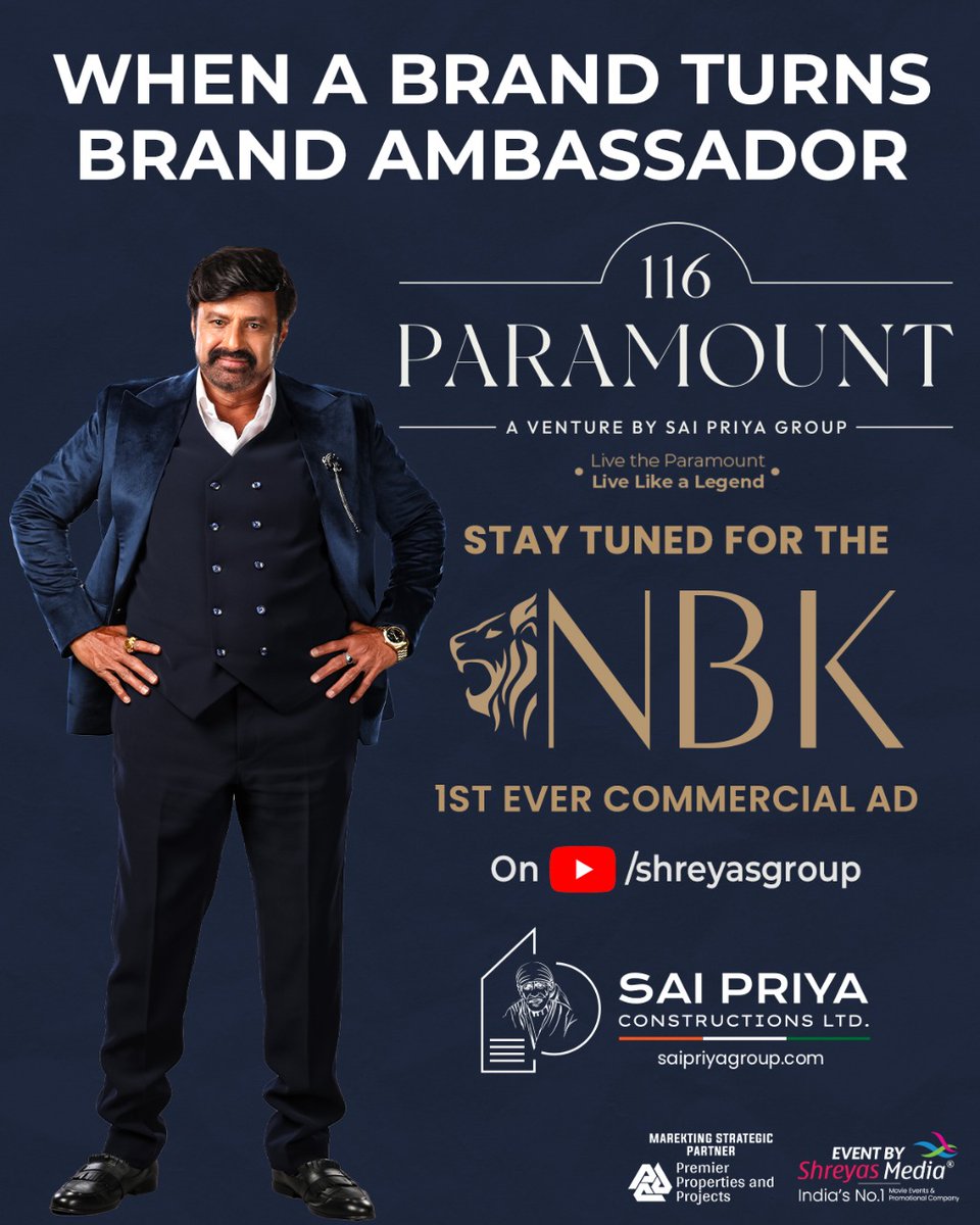 With His First-Ever Brand Commercial, the God of the Masses enters the world of advertising.🔥 👉youtu.be/AumqvDmHRp8 The #116PARAMOUNT, a venture by @saipriyagroup to be launched by our NataSimham #NBK garu😎 @shreyasgroup #SaiPriyaConstructions @brande_the