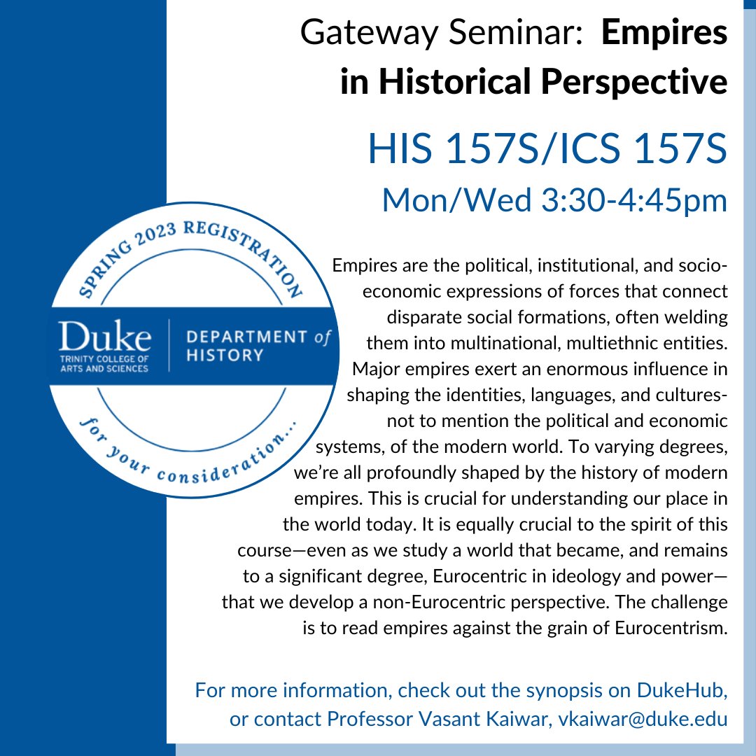 DukeHistoryDept's tweet photo. Course shopping continues! Keep an eye on this feed for some of the many great courses the History Department is offering this Spring.
#ConsiderHistory #DukeHistory #registerhumanities
@DukeTrinity @DukeAdvising @VPUEDuke @DukeStudents @BlDvlHumanities https://t.co/lccXkYQWE1
