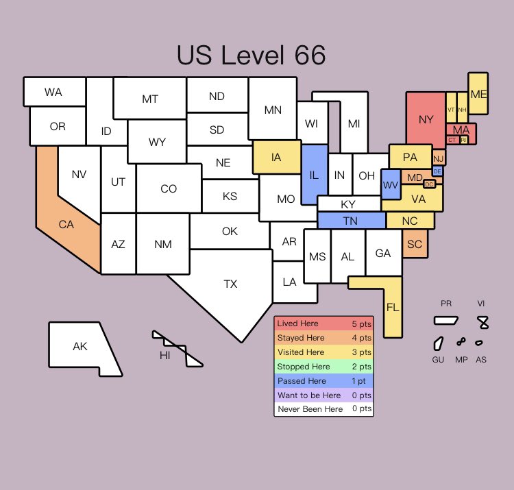 TisburyVGC's tweet photo. @DonutShoes There’s certain states I’m having trouble differentiating between visited and stayed, but it’s East Coast heavy for me https://t.co/z6SMhnSIPV